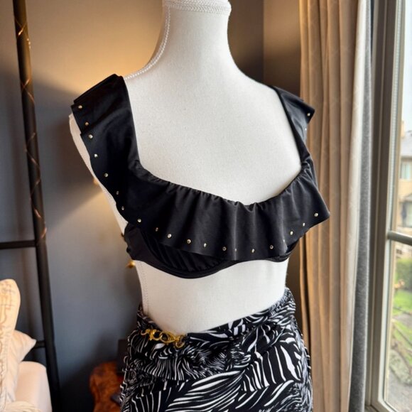 3 For $25 Flirty Black Studded Ruffle Flutter Straps Bikini Top - Picture 2 of 8